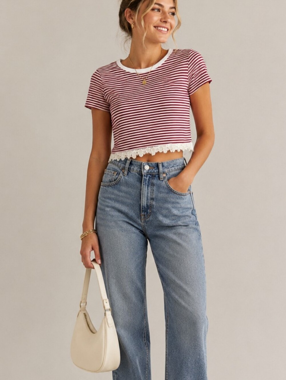 About A Girl Women's Red & White Striped Floral Trim Cropped Tee Vintage Unique